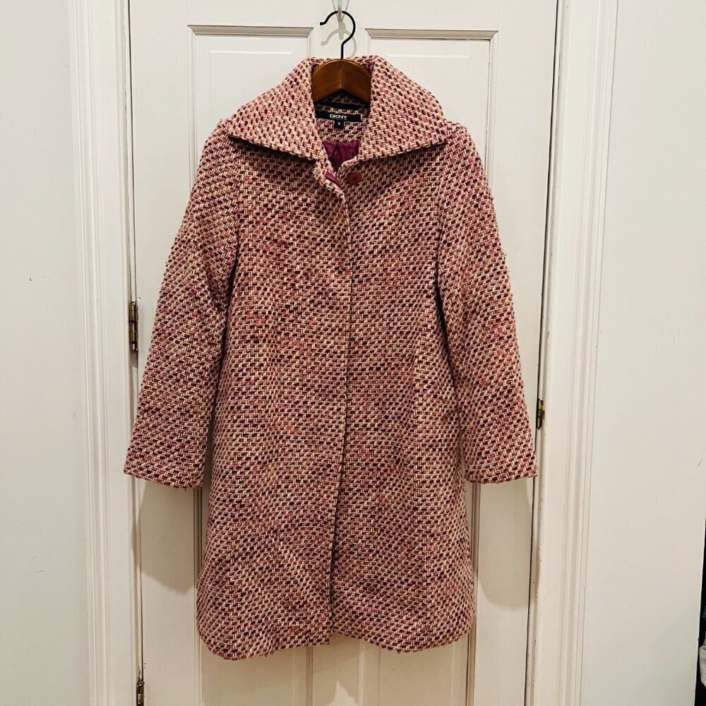 DKNY Ladies Women's Vintage Pink Tweed Over Coat Size 8 Medium Jacket - Picture 3 of 16